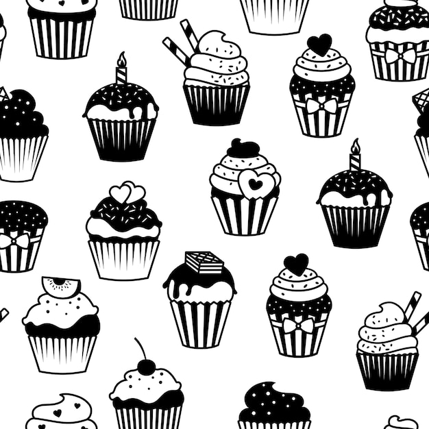 Cupcakes de blanco y negro de patrones sin fisuras.