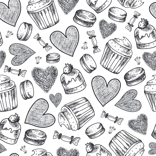 Cupcakes sin costura, dulces, macarrones, corazones dibujados a mano patrón. fondo de doodle vintage blanco y negro