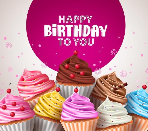 Cupcakes de cumpleaños diseño de saludo vectorial Cupcake postres horneados con chispas