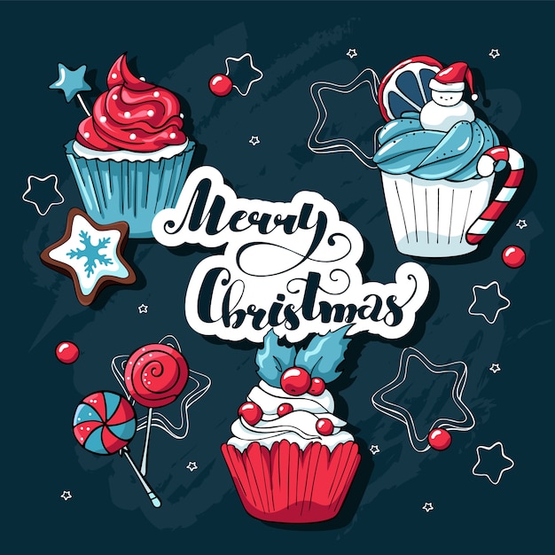 Cupcakes y dulces navideños con elementos navideños