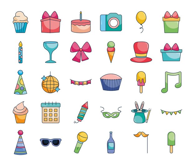 Cupcakes e iconos de fiesta sobre fondo blanco.