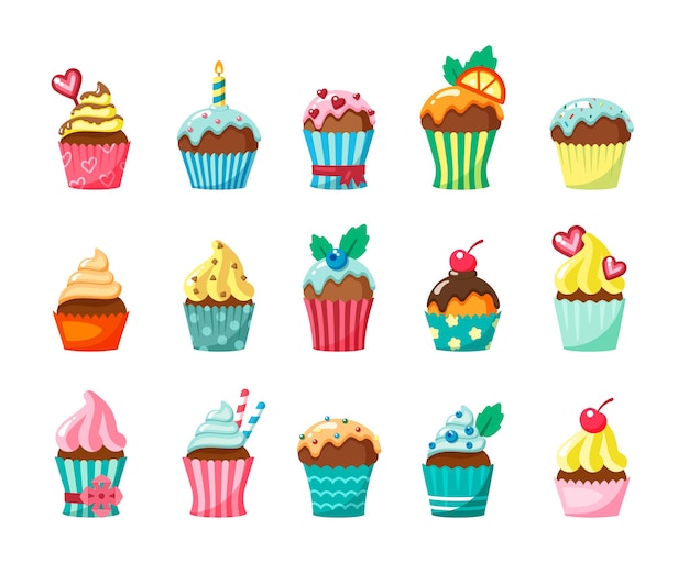 Cupcakes con glaseado en cajas de cartón conjunto de ilustración plana