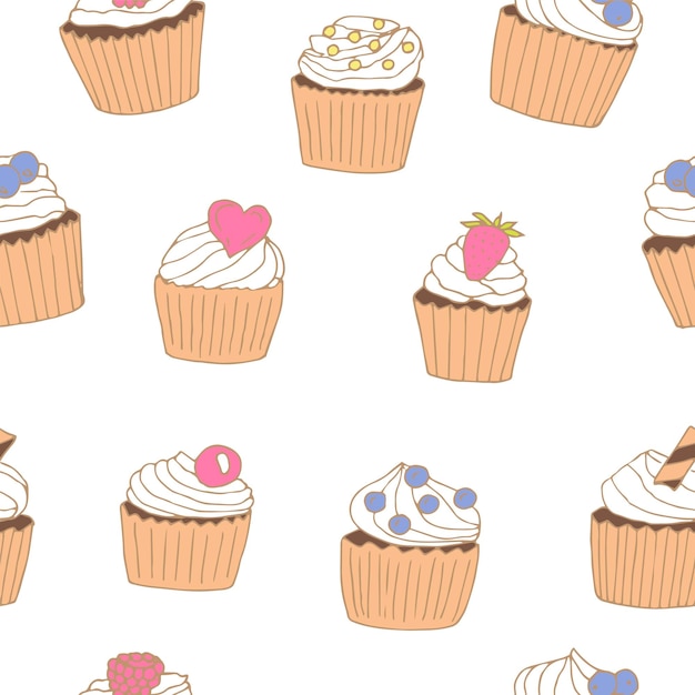 Cupcakes de patrones sin fisuras vector ilustración mano dibujo coloreado