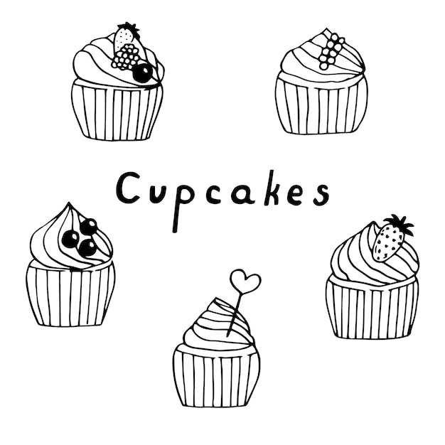 Cupcakes set ilustración vectorial, dibujo a mano alzada