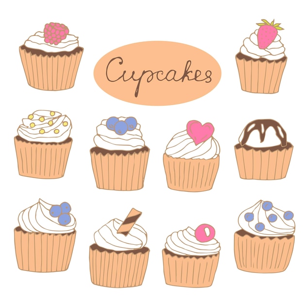 Cupcakes set vector ilustración mano dibujo garabatos coloreados