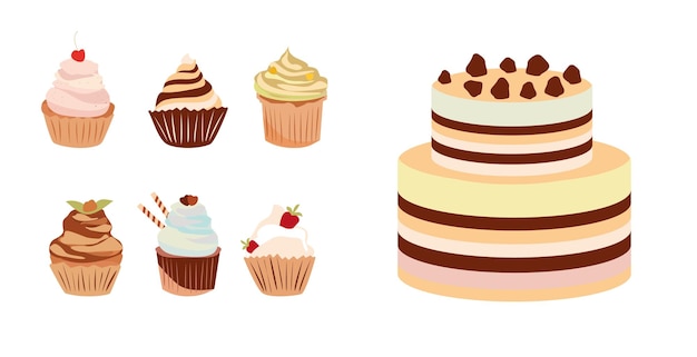 Cupcakes y set vectorial de pasteles Iconos de cocina de vacaciones en un estilo plano para aniversarios bodas cumpleaños fiestas pasteles dulces muffins cupcakes