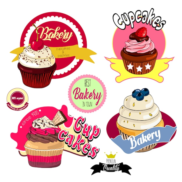 Cupcakes vintage panadería insignias y etiquetas