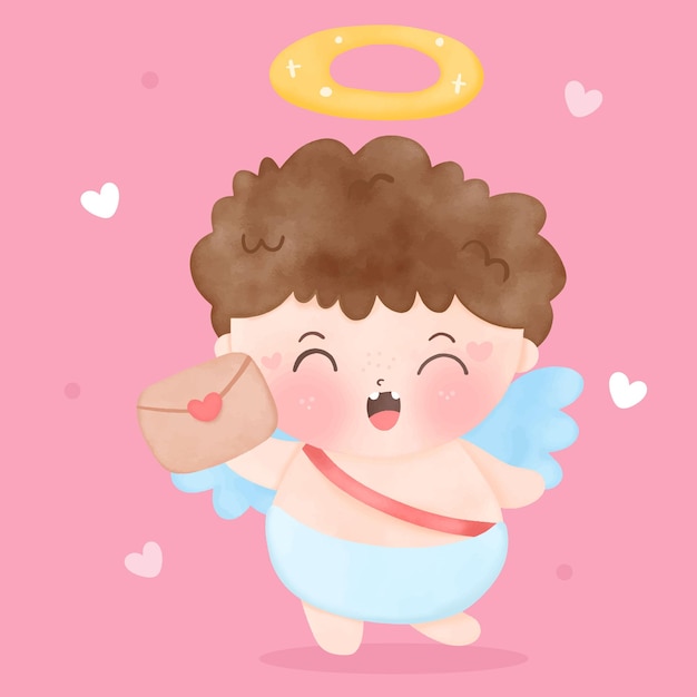 Vector cupido acuarela día de san valentín con carta de amor personaje de dibujos animados lindo kawaii