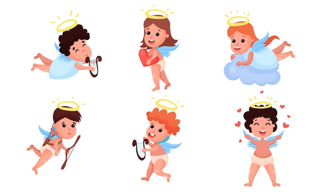 Cupido con un arco y ángeles con un arpa un corazón y una nube en sus manos ilustración vectorial