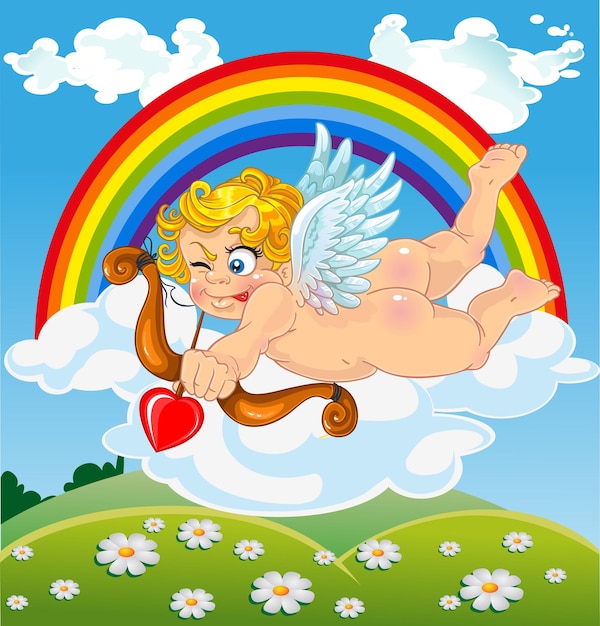 Cupido con arco y flecha en la nube