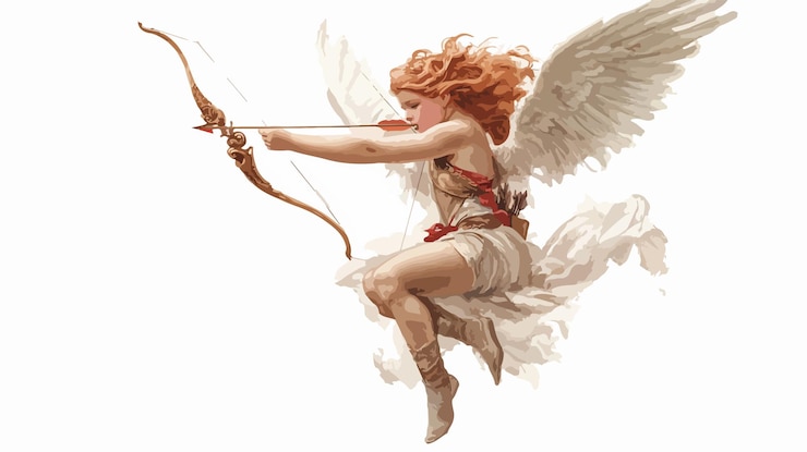 Vector cupido con arco y flecha sostiene la ilustración del vector del corazón