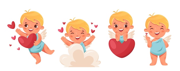 Cupido divertido, angelitos o amur. Lindos niños pequeños con corazón. Personajes vectoriales románticos.