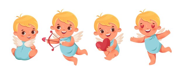 Cupido gracioso, angelitos o amur. Lindos niños pequeños con corazón. Personajes de dibujos animados vectoriales románticos.