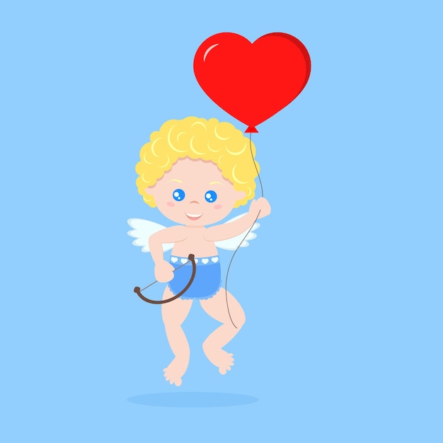 Vector cupido lindo aislado en una pose flotante con arco y globo en forma de corazón rojo