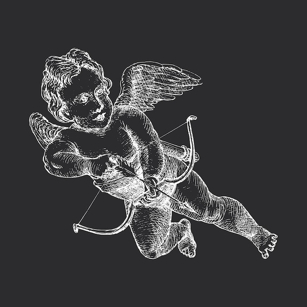Cupido con la mano del arco dibujado en estilo de grabado Ilustración gráfica retro vectorial de Amur