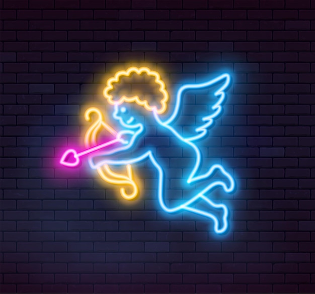 Cupido de neón sobre fondo oscuro. ilustración vectorial