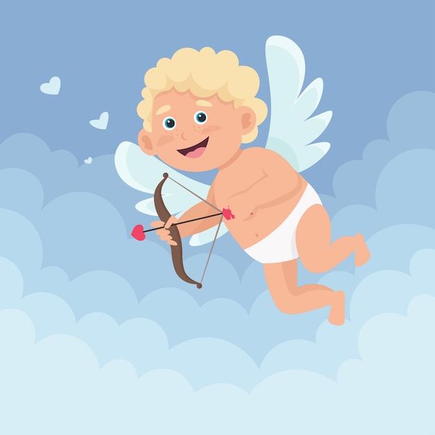 Cupido pequeño y feliz lindo con un arco y una flecha vuela sobre las nubes. ilustración en estilo plano de dibujos animados.