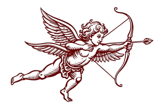 Cupido el querubín alado tirando de su arco con una flecha en la punta del corazón