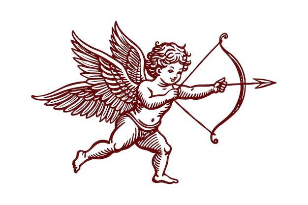 Cupido el querubín alado tirando de su arco con una flecha en la punta del corazón