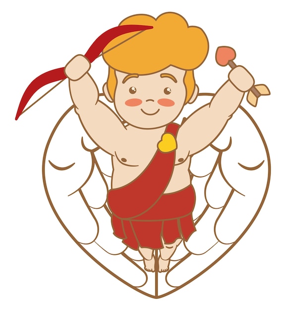 Cupido sonrojado con túnica roja sosteniendo su flecha en forma de corazón y diseño de arco en estilo plano