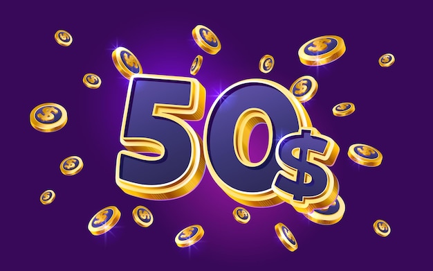 Cupón de 50 dólares vale de regalo banner de devolución de efectivo oferta especial ganador del casino ilustración vectorial