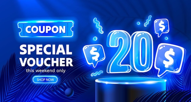 Cupón cupón especial 20 dólares Banner de neón oferta especial Vector