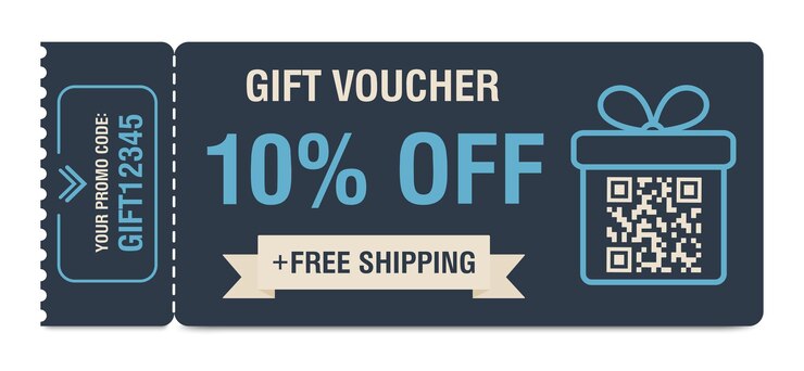 Vector cupón de descuento 10 por ciento de descuento vale de regalo con marcas de porcentaje código qr y códigos promocionales para sitios web anuncios de internet redes sociales ilustración vectorial