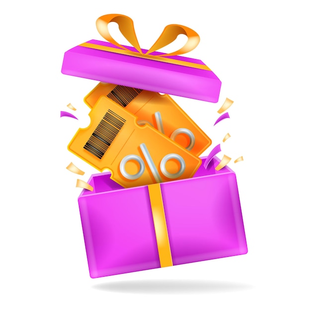 Cupón de descuento 3D ilustración vectorial icono de boleto de evento insignia caja de regalo concepto de cupón especial