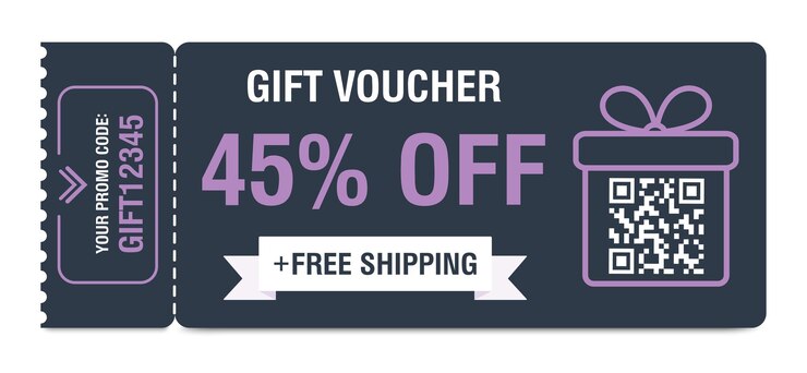 Vector cupón de descuento 45 por ciento de descuento vale de regalo con código qr y códigos promocionales ilustración vectorial
