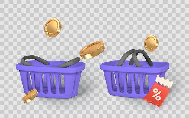Cupón de descuento de la canasta de compras y monedas en estilo 3D que representan la venta en línea de comercio electrónico