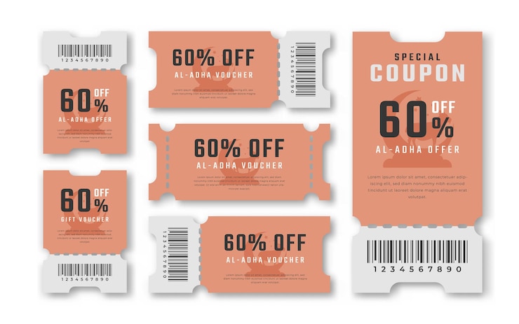 Vector cupón de descuento de cupón de venta de al adha 60 por ciento de descuento para compras de código promocional y mejor promoción minorista