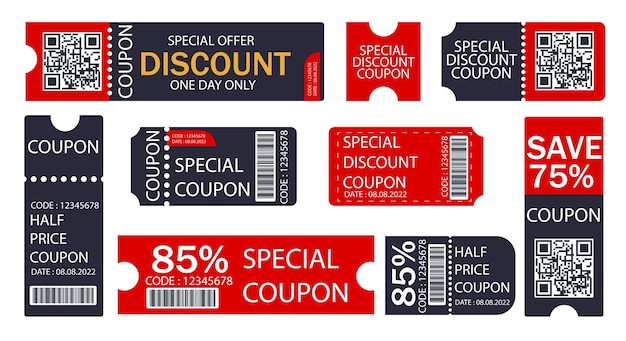 Cupón de descuento vectorial oferta a mitad de precio cupón de regalo de código promocional y plantilla de cupones