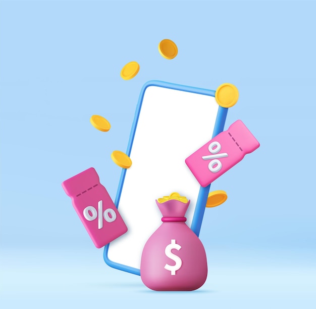 Cupón de regalo 3D en teléfono móvil y moneda flotante y bolsa de dinero Ofertas especiales de la tienda publicidad Ofertas especiales promoción renderización 3D Ilustración vectorial
