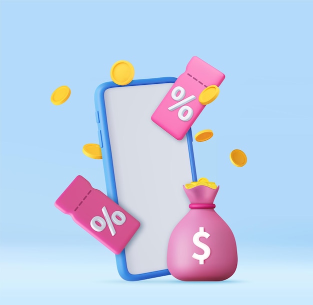 Cupón de regalo 3D en teléfono móvil y moneda flotante y bolsa de dinero Ofertas especiales de la tienda publicidad Ofertas especiales promoción renderización 3D Ilustración vectorial