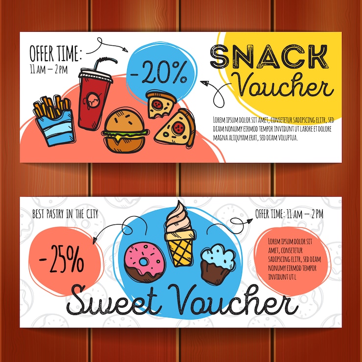 Vector cupones de descuento para comida rápida y postres.