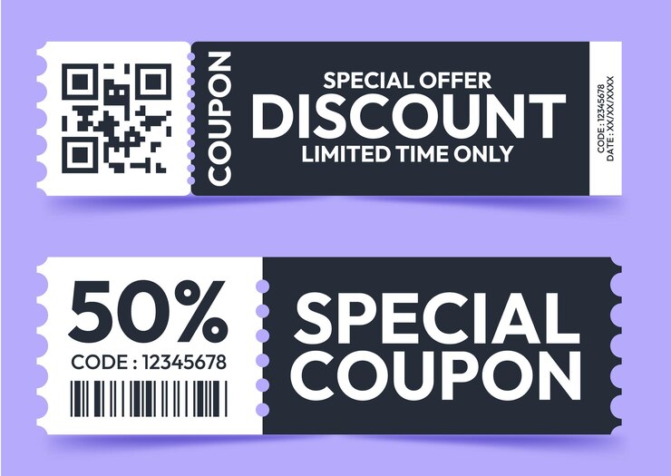 Vector cupones especiales de descuento con código de barras y código qr