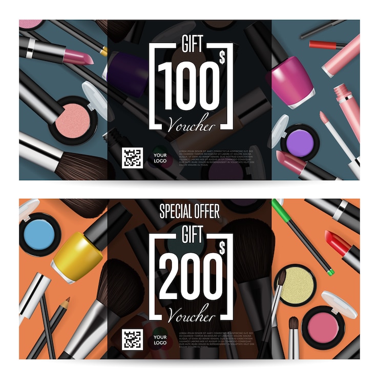 Vector cupones de regalo de cosméticos con plantilla de suma prepaga