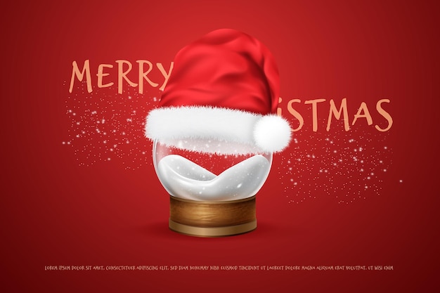 Cúpula de vidrio de Navidad Globo de nieve 3D con sombrero realista de Santa exhibe el hielo de invierno copo de nieve brillante bola de nieve protección transparente esfera mágica decoración de Navidad ilustración vectorial