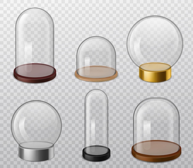 Cúpulas de cristal. Cúpula transparente redonda brillante realista con bandeja, contenedor de almacenamiento de alimentos, esfera vacía para laboratorio de productos de presentación y estuches de exposición, vector 3d en fondo transparente