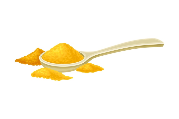 Vector la cúrcuma o la cúrcuma larga en polvo de rizoma seco en cuchara utilizada en la cocina asiática ilustración vectorial de primer plano