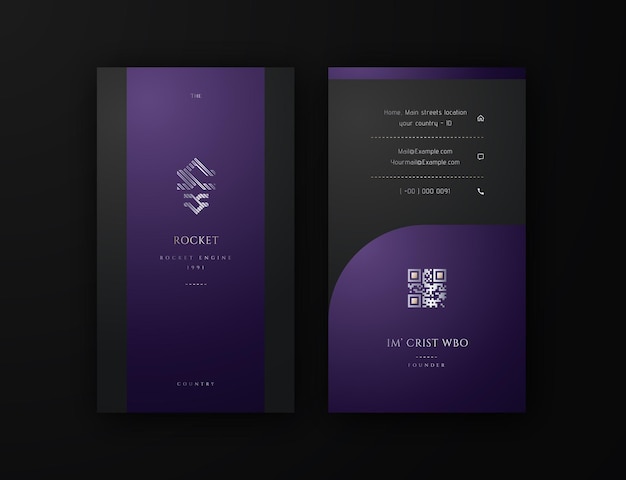 Vector curiosidad diseño de tarjetas de visita verticales en fondo negro y púrpura con código qr