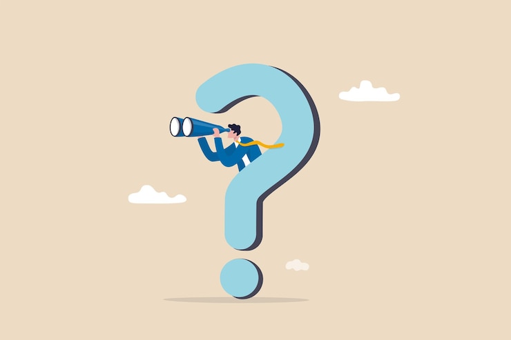 Vector la curiosidad explora lo desconocido, busca una solución o una nueva oportunidad de negocio, busca un concepto de éxito, un hombre de negocios curioso con un gran signo de interrogación mira a través de binoculares para buscar una nueva idea de negocio