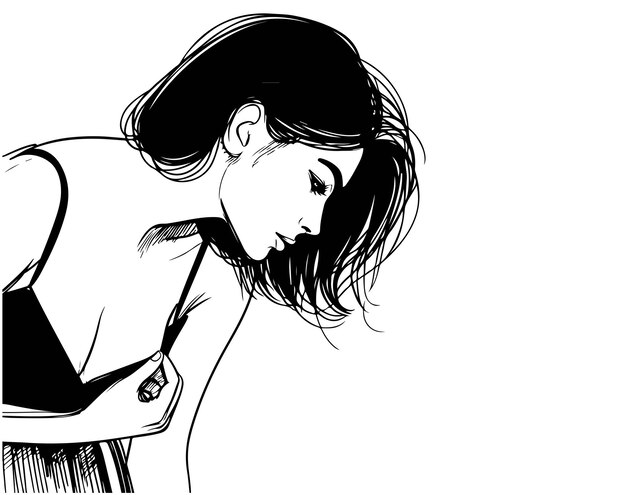Curiosidad de mujer en vestido de lino negro boceto de retrato en blanco y negro