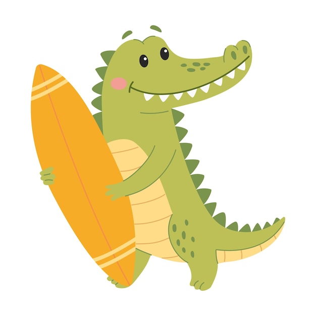 Curioso cocodrilo con tabla de surf Ilustración vectorial en fondo blanco