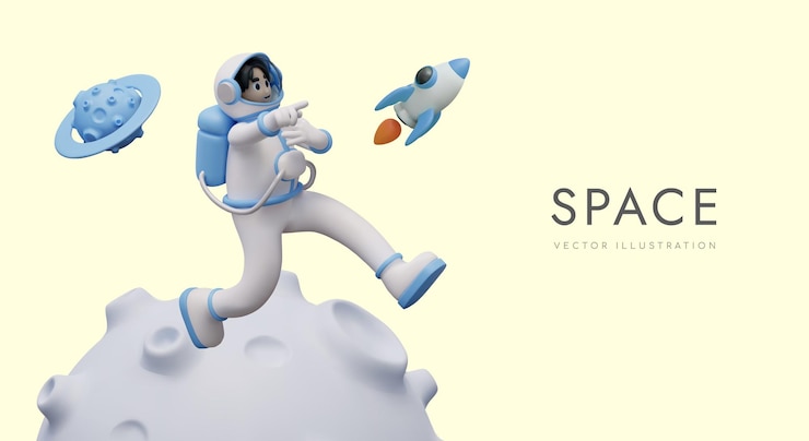 Vector curioso concepto espacial al estilo de dibujos animados astronauta en traje espacial está corriendo en el planeta apuntando hacia adelante