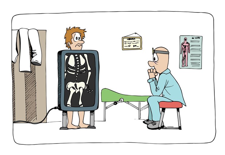 Vector curioso, lindo, preocupado médico mirando el extraño escáner óseo de su paciente estilo de dibujos animados humorístico