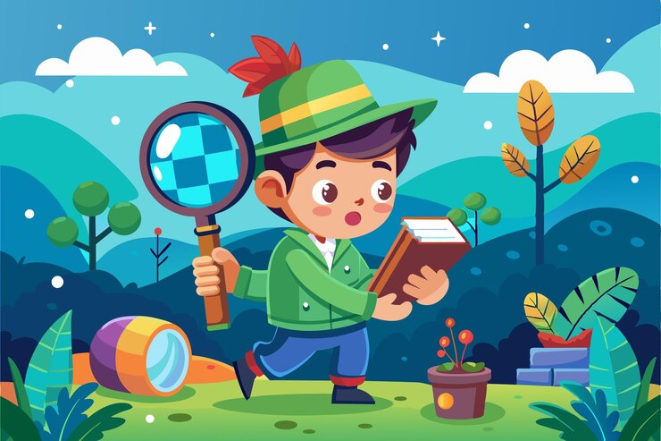 Vector un curioso personaje de dibujos animados camina a través de un paisaje colorido con una lupa y un libro explorando la naturaleza con asombro y emoción
