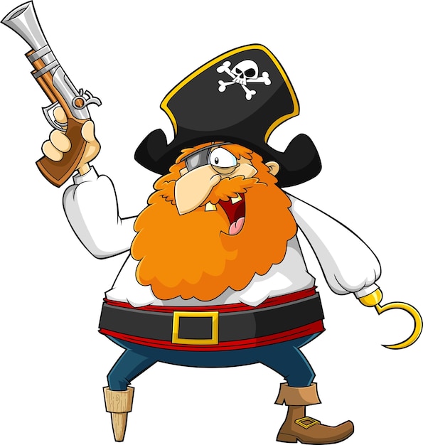 Curioso personaje de dibujos animados pirata con pistola y gancho