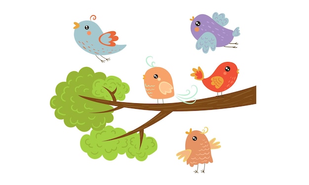 Vector curiosos pájaros de colores en las ramas de los árboles con hojas verdes ilustración vectorial