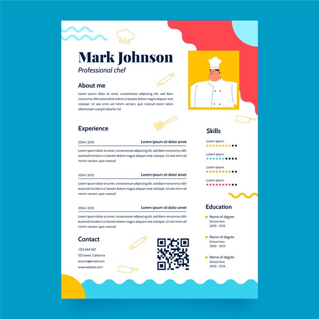 Curriculum vitae de chef de diseño plano